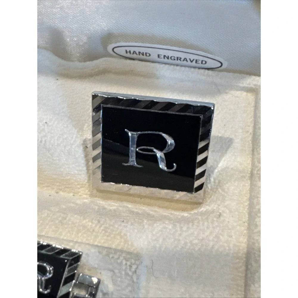 R Monogram Initial Letter Vintage SWANK Cuff Links & Tie Bar Clip Silver‎ Tone